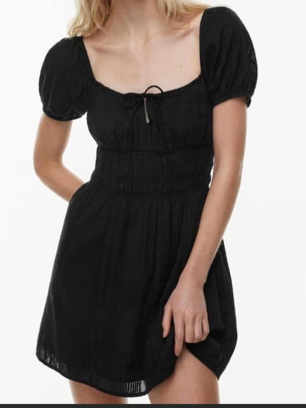 Organic Cotton Black Smocked Waist Puff Sleeve Mini Dress